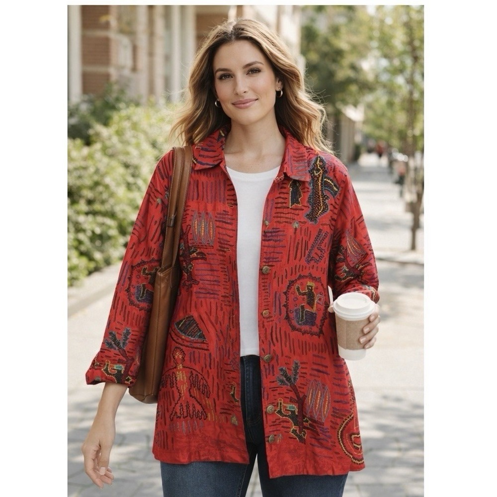 Chicos Design 100% Silk Embroidered Jacket Red Art To Wear Boho Size 0 Petite‎
